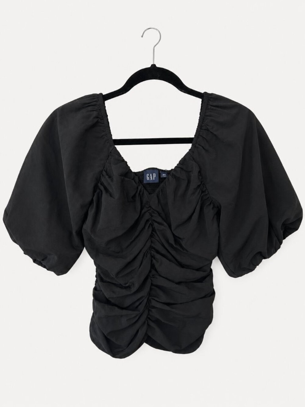 GAP Black Smocked Puff Sleeve Ruched Top XXS